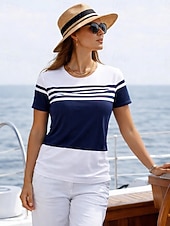 economico T-shirt a righe e geometrico-Per donna Maglietta Blocco di colore Stampato Grafico Geometrico Oceano Vintage Moda Elegante Manica Corta Girocollo Top Regolari Quotidiano Blu Bianco Rosso Blu marino Estate Primavera