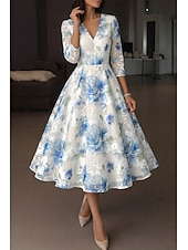 cheap Cocktail Dresses-A-Line Ankle Length Tea Length Formal Dresses Cocktail Dresses Elegant 3/4 Length Sleeve V Neck Wedding Formal Organza Jacquard with Floral Print