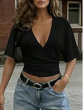 preiswerte Einfarbiges T-Shirt-Damen 100% Baumwolle Sommeroberteile Vintage Stilvoll Kurzarm V Ausschnitt Crop Tops Lässig Schwarz Weiß Sommer Frühling