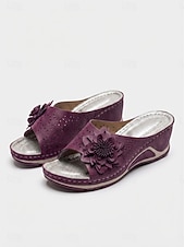 preiswerte Rutschsandalen-Offene Damen-Sandalen zum Hineinschlüpfen mit Keilabsatz und Blumendekor – atmungsaktiv, bequem und stylisch für den lässigen Sommerlook