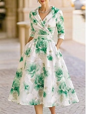 cheap Tea Length-A-Line Tea Length Party Dress Cocktail Dress Wedding Guest Dress Mother of the Bride Dress 3/4 Length Sleeve V Neck Shirt Collar Elegant Vintage Formal Organza Jacquard with Floral Print