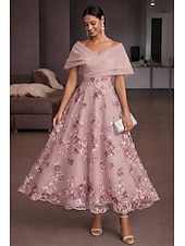 abordables Vestidos de cóctel-Corte A Vestido Midi Vestidos de coctel Elegante Vintage Floral Manga Corta Hombros Caídos Fiesta de jardin Boda Organdí Tul Espalda desnuda con Estampado flor Flor bordada Plisado