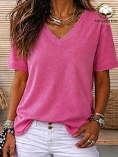 cheap Basic Women's Tops-SoftFade™ Women's 100% Cotton T Shirt Cotton Acid Wash Vintage Fashion Stylish Short Sleeve V Neck Regular Tops Casual Daily Going out Blue Purple / Blue Black Purple Orange Summer Spring