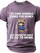economico Magliette divertenti da uomo-Maglietta da uomo con stampa divertente di un procione "Ho fatto cose orribili per soldi", maniche corte, girocollo, procione stanco che beve caffè, umorismo da ufficio, regalo sarcastico per