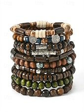 Χαμηλού Κόστους Ανδρικά κοσμήματα-Σετ ανδρικών βραχιολιών με ξύλινες χάντρες μποέμ, 10 ελαστικά βραχιόλια με χάντρες που στοιβάζονται για διακοπές στην παραλία, καθημερινή casual ένδυση, ταξίδια και φεστιβάλ