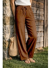 economico Fondi-Pantaloni da donna taglie forti 100% cotone a gamba larga, ideali per vacanze, basic, casual, per tutti i giorni, lunghezza intera, vita alta, tinta unita, coulisse, gamba larga, comodi, ad asciugatura rapida, morbidi, anelastici, grigi, neri, bianchi