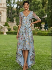 abordables Longueur de cheville-Ligne A Asymétrique Robe en Dentelle Robe de Mère de Mariée  Manche Courte Col en V Élégant ancien Formel Kentucky Derby Semi-Formel Chiffon Tulle avec Imprimé floral Fleurs 3D Noeud(s)