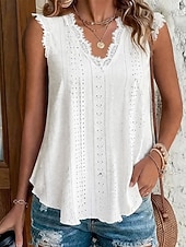 abordables Camiseta lisa-Mujer Parte superior con ojales Camiseta de punto Con Texturas Graphic Plantas Elegante Sensual Clásico Sin Mangas Escote en Pico Tops regulares Casual Diario Playa Blanco Amarillo Rosa Rosa