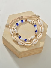 Недорогие Женский браслет-Женский богемный браслет на лодыжку из ракушек с подвесками в виде звезд, двухслойный, регулируемая длина, идеально подходит для пляжного отдыха, повседневной носки и летних аксессуаров.