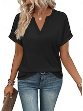 abordables T-shirt uni-Femmes T-shirt Uni Mode Élégant Classique Manche Courte Col en V Hauts Réguliers Quotidien Sortir Week-end Bleu Noir Blanche Rose Claire Rouge Été Printemps