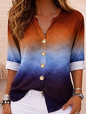 cheap Art&amp;Design Blouses-Women's Shirt Tunic Summer Tops Buttons Ombre Graphic Vacation Vintage Daily Long Sleeve V Neck Regular Tops Casual Daily Holiday Blue Yellow Green Summer Spring Fall