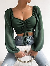 tanie Chiffon Tops-Damskie Koszula Bluzka Bluzki z szyfonu Z marszczeniami Równina Elegancki Podstawowy Klasyczny Długi rękaw W serek Zwykłe topy Codzienny Impreza Święto Niebieski Czerwonobrązowy Czarny Biały
