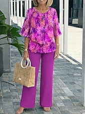  Per donna Set di Pantaloni Manica 3/4 Girocollo Floreale Grafico Elegante Vacanza Casuale Quotidiano Vacanza Rosso Blu Reale Viola Estate Vestibilità regolare