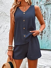 cheap Women's Blouse Suits-Women's Two Piece Sets Camis Shorts Sets Sleeveless V Neck Plain Fashion Streetwear Casual Daily Outdoor Navy Blue Sky Blue Orange Summer Loose Fit