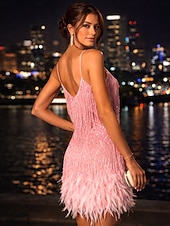 ieftine Rochii scurte și mini-Linia -A Scurt Mini Rochii de bal Strălucitor &amp; Sclipitor Sexy Fără manșon Bretele Spagheti Bal Petrecere Nuntă Paiete cu Pene Breton Paiete