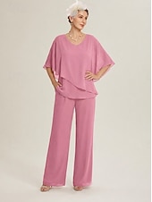 baratos Blusas femininas-Conjunto feminino de calça pantalona com decote em V e sobreposição de chiffon, ideal para casamentos e ocasiões elegantes.