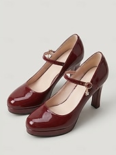 お買い得  プラットフォームパンプス-女性用レッドパテントプラットフォームメリージェーンヒール、ラウンドトゥストラップドレスシューズ（結婚式ゲスト、ガーデンウェディング用） &amp;フォーマルなイベント