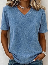  T-shirt femme en coton délavé à l'acide, style vintage, manches courtes, col V, coupe classique, décontracté, idéal pour le quotidien et les sorties, bleu violet / bleu noir violet orange été