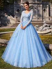 abordables Robes Longues &amp; Gowns-Robe de Bal Longueur Plancher Robes de Promo Princesse Bouffante Manches Longues Col en V Performance Quinceanera avec Cristaux Appliqués