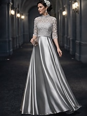 economico Lunghezza del pavimento-Linea ad A Lunghezza al pavimento Abito da invitata a nozze Abito Formale Abito da sera Abito da cerimonia per signora Mezza Manica Collo Alto Elegante Vintage Ospite di nozze Ricevimento di