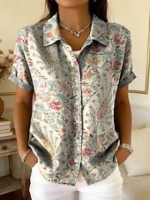 economico Arte &amp; Design Bluse-Per donna Camicia Bottoni Stampato Grafico Geometrico Paisley Quotidiano Elegante Casual Manica Corta Colletto a Camicia Top Regolari Casuale Quotidiano Verde Beige Estate Primavera