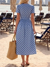 economico Abiti casual floreali-Per donna Abito Midi Vestito Estivo Abito Estivo Vacanza Casual Boho Quotidiano Abito Estivo Abito Primaverile Vestibilità regolare Grafico A Pois Manica Corta Scollo a V Blu Estate Primavera