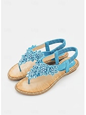 cheap Flat Sandals-Women's Boho Floral Beaded Sandals – Casual Elastic Strap Summer Flip-Flops with Embellished Design for Beach or Casual Outfits
