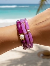 billige Damearmbånd-Bohemsk 3-delt armbåndssett i akryl for kvinner, elastiske, stabelbare armbånd, perfekt for strandferie, hverdagsbruk og sommertilbehør