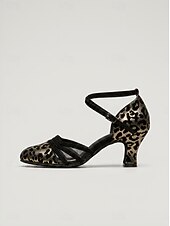 economico Scarpe da ballo di sala e danza moderna-Scarpe da ballo da sala da donna con stampa leopardata – tacco standard a punta tonda con cinturino alla caviglia, per allenamento professionale &amp; prestazione