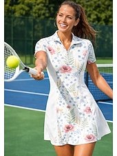 billige Kjole for kvinner-Dame Blomster Sportskjole Tennispolokjole Kortermet Forside Glidelås Quarter Zip UPF50+ Elastisk Svettereduserende Pustende Volleyball Tennis Golf Aftæpning Kjoler Hvit Tennis klær