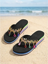 abordables Femmes-Tongs compensées arc-en-ciel pour femmes ornées de cristaux – sandales de plage bohèmes pour les vacances d'été