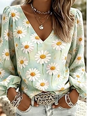 voordelige Strepen- en Geometrische Blouses-Dames Overhemd Boho-shirt Bloemig Grafisch Elegant Bohemen Vakantie Lange mouw V-hals Normale tops Casual Dagelijks Feestdagen Lichtgroen Hemelsblauw Zomer Lente