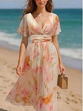 abordables Vestidos florales elegantes-Mujer Vestido maxi Vestido de raso Vestido de flores Vestido Estampado Elegante Moda Moderno Diario Exterior Vacaciones Ajuste regular Floral Manga Corta Escote en Pico Rosa Verano Primavera