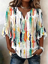 cheap Art&amp;Design Blouses-Women's Blouse Ruffle Print Graphic Geometric Vacation Daily Retro Vintage 3/4 Length Sleeve V Neck Regular Tops Casual Daily Holiday Blue Purple Orange Green Summer Spring