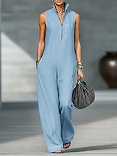 cheap Casual Jumpsuits-Women's Normal Jumpsuit Active Solid Color Sleeveless Wide Leg Shirt Collar Zipper Pocket Daily Vacation Loose Fit Blue Black Yellow Summer