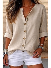 abordables Camisas de Lujo-Blusa de mujer 100% algodón con botones, color liso, para uso diario informal, manga 3/4, cuello en V, tops regulares, para uso diario, negro, blanco, rojo, naranja, verde, verano, primavera, otoño