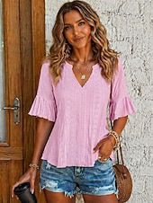 economico Bluse Semplici-Per donna Blusa Traforato Tinta unica Elegante Essenziale Casual Manica 3/4 Scollo a V Top lunghi Casuale Quotidiano Blu Bianco Rosa Rosa polverosa Viola Estate Primavera Autunno