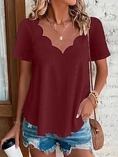cheap Plain Blouses-Women's Pointelle Shirt Eyelet Top Blouse Eyelet Plain Active Basic Casual Short Sleeve V Neck Regular Tops Casual Daily Beach Black White Yellow Pink Wine Summer Spring