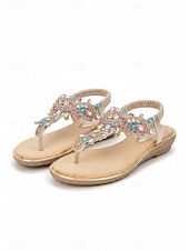 ieftine Sandale plate-sandale plate de damă auriu cu strasuri – sandale boeme elegante cu curea în T pentru vară, vacanțe la plajă și ieșiri casual
