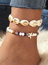 Недорогие Женский браслет-Женский богемный браслет на лодыжку из ракушек с подвесками в виде звезд, двухслойный, регулируемая длина, идеально подходит для пляжного отдыха, повседневной носки и летних аксессуаров.