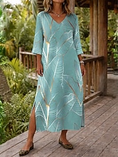 billiga Konst och design klänningar-Dam Maxiklänning Boho-klänning Skiftklänning Solklänning Strandklänning bohemliv Semester Etnisk Strand Helgdag Datum Lös passning Grafisk Abstrakt 3/4 ärm V-hals Blå Himmelsblå Purpur Grön Sommar Vår