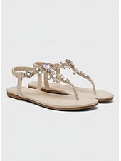 abordables Sandalias Planas-Sandalias con tira en T y adorno de diamantes de imitación verdes para mujer con correa elástica en el tobillo: calzado de verano elegante para playa, fiestas o ropa informal