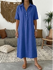Χαμηλού Κόστους Φορέματα-γυναικείο φόρεμα μίντι βαμβακερό φόρεμα σαν λινό φόρεμα πουκάμισο σε γραμμή a casual καθημερινό φαρδιά εφαρμογή μονόχρωμο κοντομάνικο πέτο μπλε μαύρο κίτρινο ροζ καλοκαίρι άνοιξη φθινόπωρο