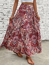 abordables Faldas de Vacaciones-Mujer Falda de vacaciones Bohemia Vintage Casual Maxi Alta cintura Faldas Cachemir Estampado Elástico Diario Calle Negro Vino Rojo Naranja Verano