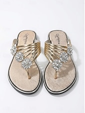 economico Infradito scivolosi-sandali da donna con strass dorati, eleganti scarpe estive basse per la spiaggia, casual e per le vacanze