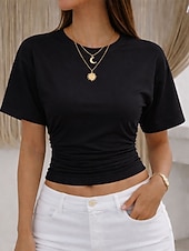 cheap Plain tee-Women's T Shirt Tee Top Ruched Solid Color Graphic Plain Fashion Stylish Classic Short Sleeve Crew Neck Round Neck Crop Tops Casual Daily Going out Black White Pink Gray Light Blue Summer Spring