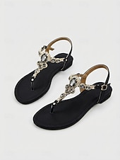 cheap Flat Sandals-Women's Gold Crystal Flat Sandals, Open Toe T-Strap Evening Dress Shoes for Resort Dinner, Vacation &amp; Summer Evening Events