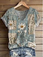 baratos T-shirt Boho-Mulheres Camiseta Imprimir Floral Gráfico Plantas Vintage à moda Clássico Manga Curta Decote V Tops longos Diário Final de semana Azul Laranja + Verde Branco Amarelo Rosa Verão Primavera