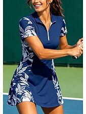 ieftine Rochie de femei-Women's Floral Sports Dress Tennis Polo Dress Short Sleeve Quarter Zip UPF50+ Elastic Sweat-Wicking Breathable Volleyball Tennis Golf Turndown Dress Blue Tennis Clothing
