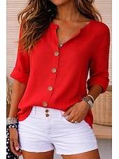 abordables Camisas de Lujo-Blusa de mujer 100% algodón con botones, color liso, para uso diario informal, manga 3/4, cuello en V, tops regulares, para uso diario, negro, blanco, rojo, naranja, verde, verano, primavera, otoño